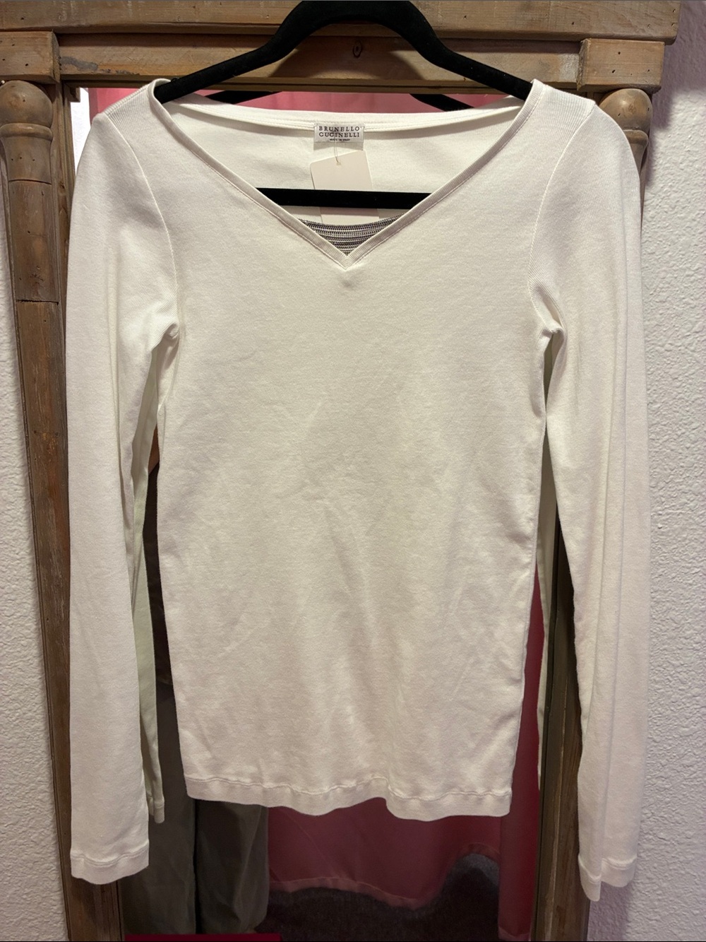 Brunello Cucinelli White Long Sleeve V-Neck Tee Cotton Blend Size M Italy